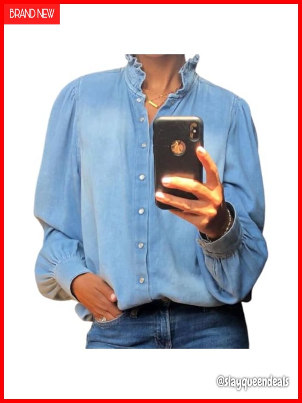 Ruffled Neck Denim Blouse Long Sleeve Snap Button Down Shirt